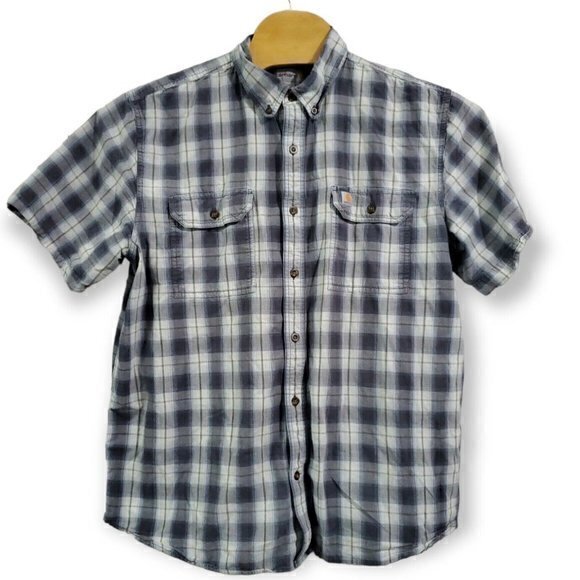 Carhartt Men's XL / X-Large Blue & White Plaid Short Sleeve Utility Cotton Shirt - Picture 2 of 5